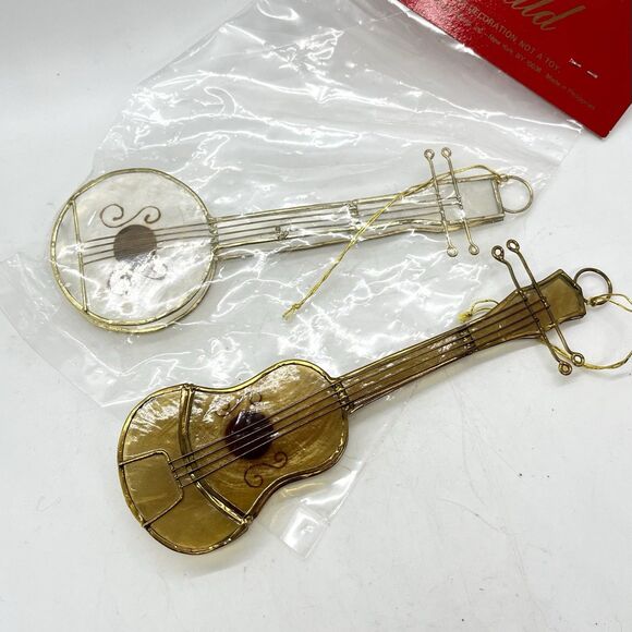 Vintage Capiz Shell Banjo Guitar Christmas Ornaments Instruments Philippines - Picture 1 of 6